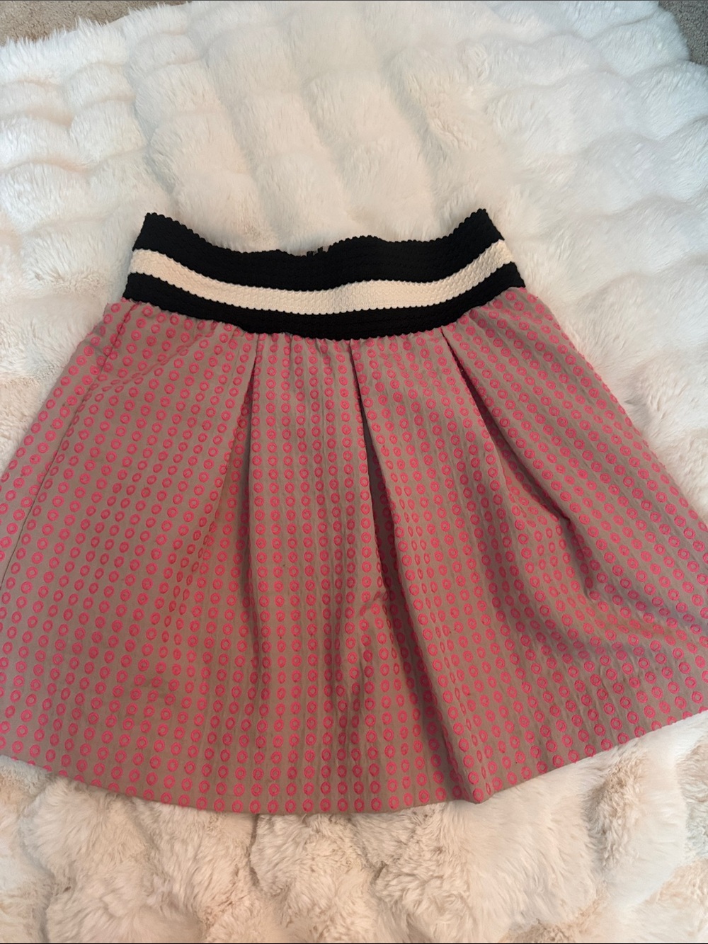 Anthropologie Pink Patterned Skater Skirt with Black & Cream Waistband